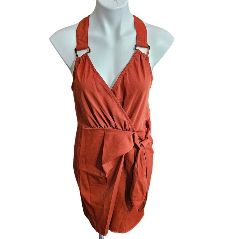 Shein Prive' Ring detail Wrap Knot Side Tie dress Burnt Orange Size L - Picture 5 of 11